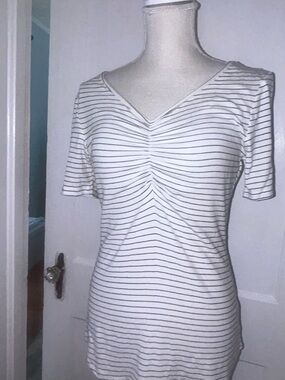 Striped V-Neck Ruched Women’s Top - White with Black Stripes by April medium